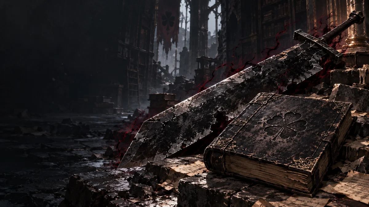 Symbolic Black Clover artwork: a weathered five-leaf grimoire and broad dark blade in a ruined library, with traces of red energy.