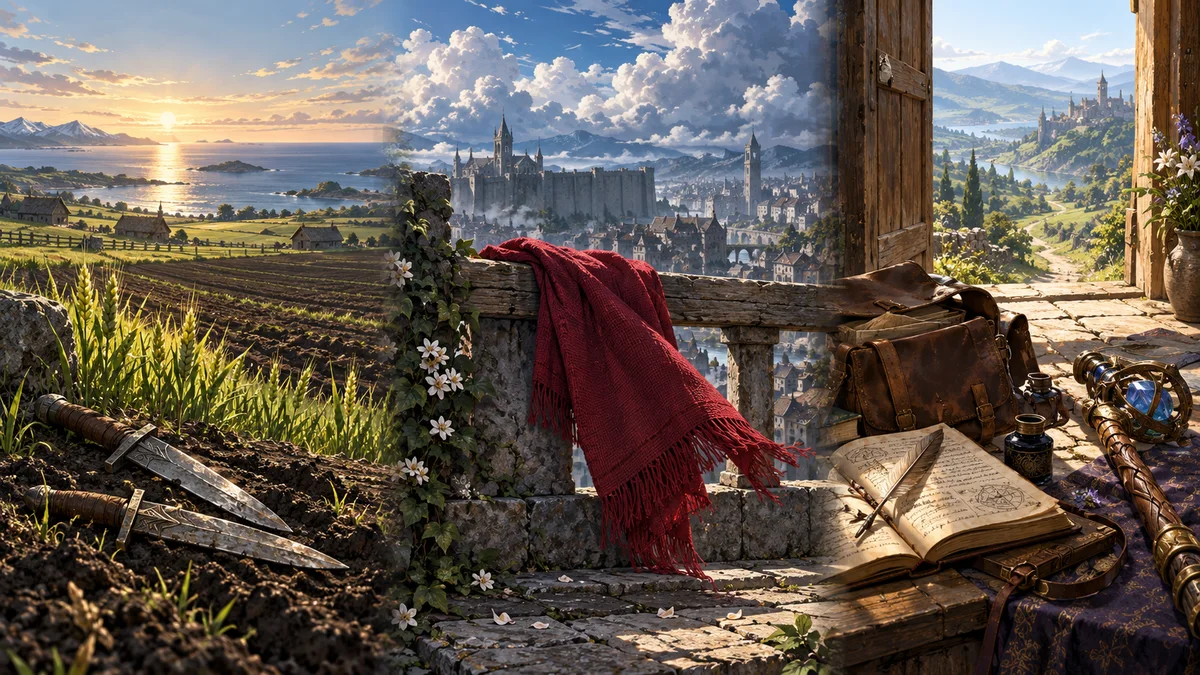 Three symbolic worlds: daggers laid in farmland beside a northern sea, a red scarf overlooking a stone city, and a travel journal and staff beside an open doorway.