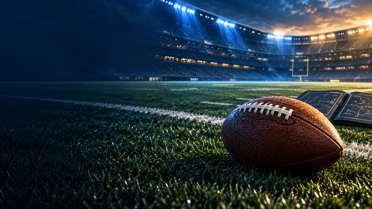 An imagined football stadium in powder blue and golden light, with a football and playbook on detailed turf in the foreground.