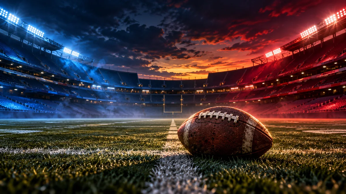 A symbolic rivalry scene: a football on a field stripe in an empty stadium, framed by opposing blue and red light.