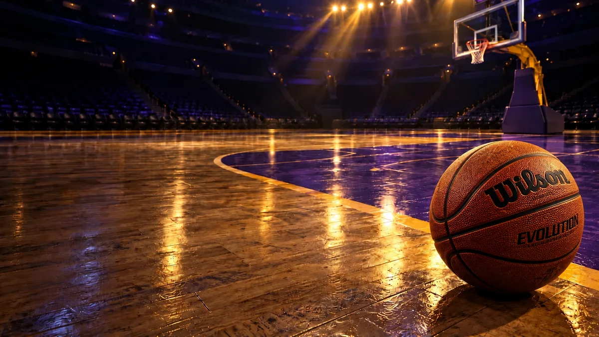 An imagined empty basketball court in purple and gold light, with a textured basketball in the foreground and open hardwood leading toward the hoop.