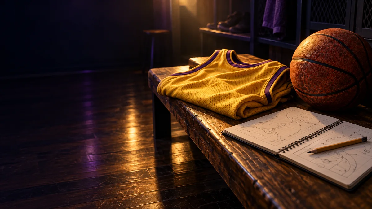 An editorial still life of an unmarked gold and purple basketball jersey, a basketball and a scouting notebook on a warmly lit wooden locker bench.